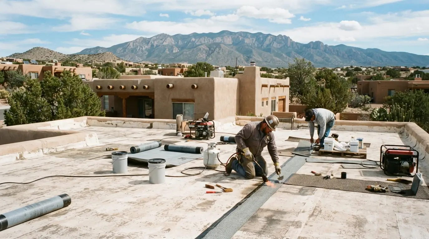 Roofer inspecting HVAC curb flashing on a commercial roof in Albuquerque