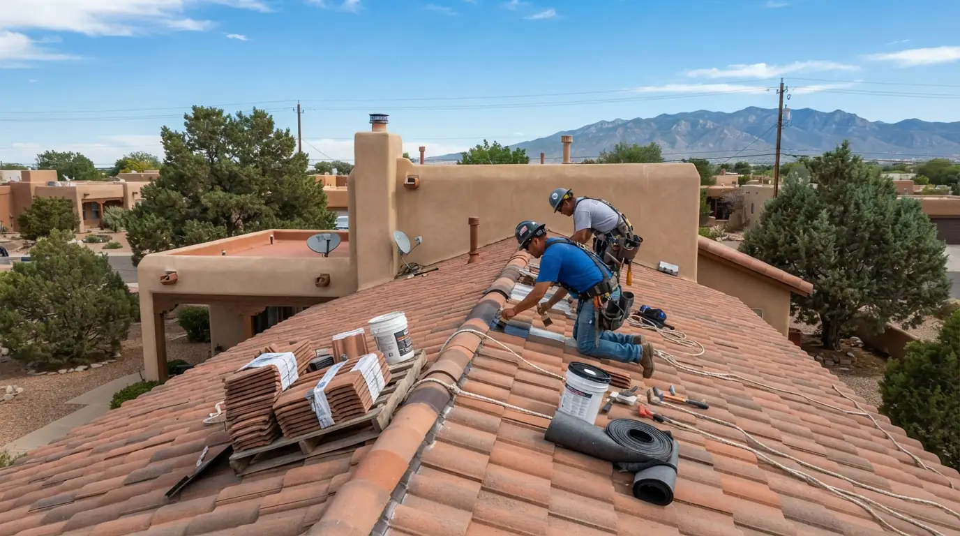 Roofer clearing debris from a canale on a flat roof in Albuquerque
