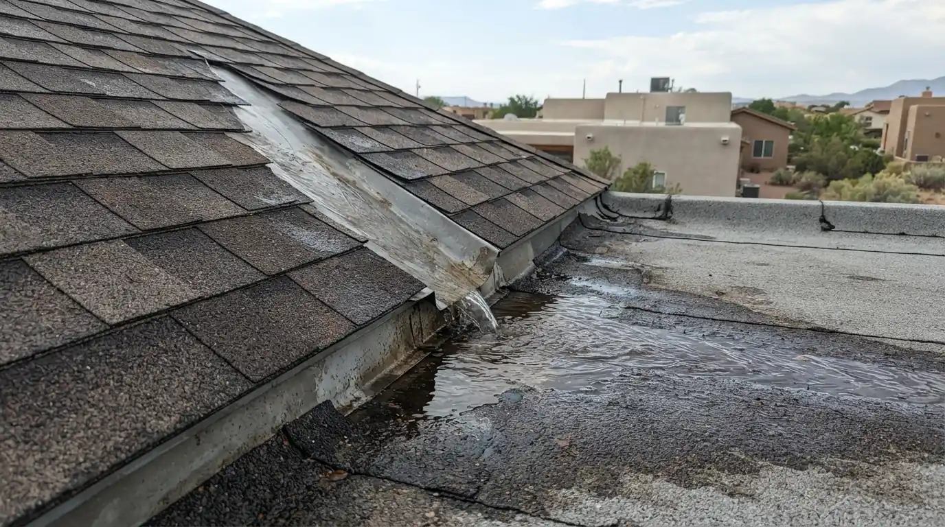 Pitched roof valley leak on a roof in Albuquerque, NM