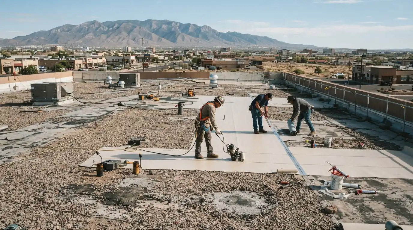 Commercial roof being coated with silicone