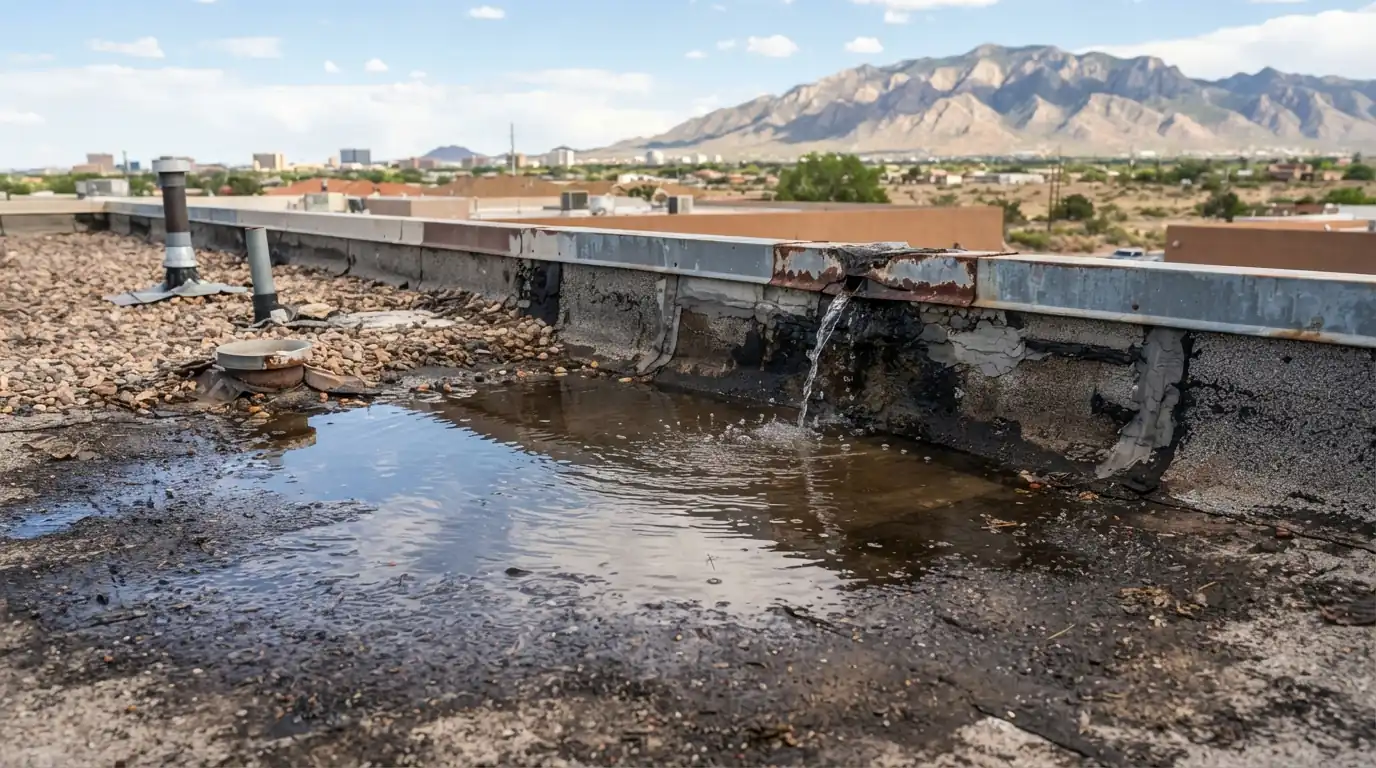 Flat roof ponding leak on a roof in Albuquerque, NM
