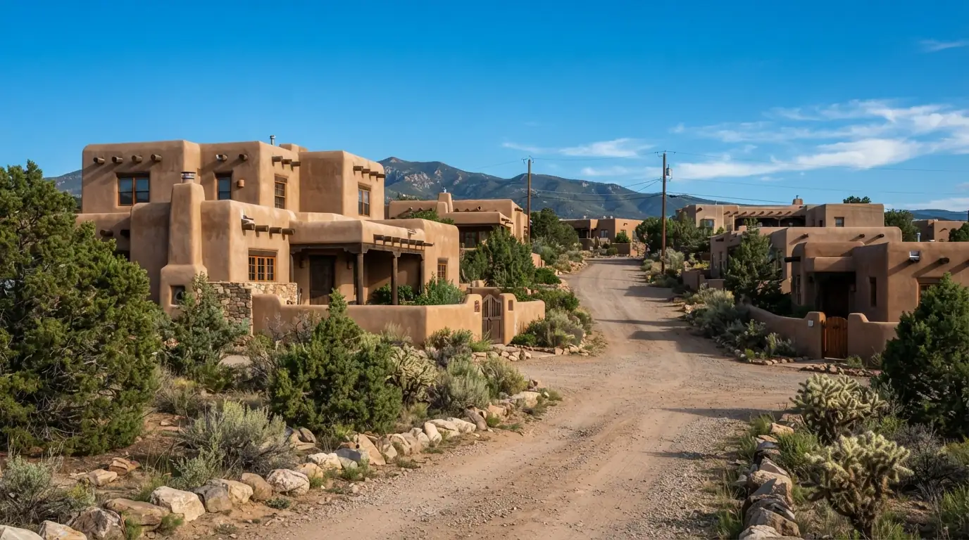 Flat roofed Pueblo Revival homes with parapets in Santa Fe