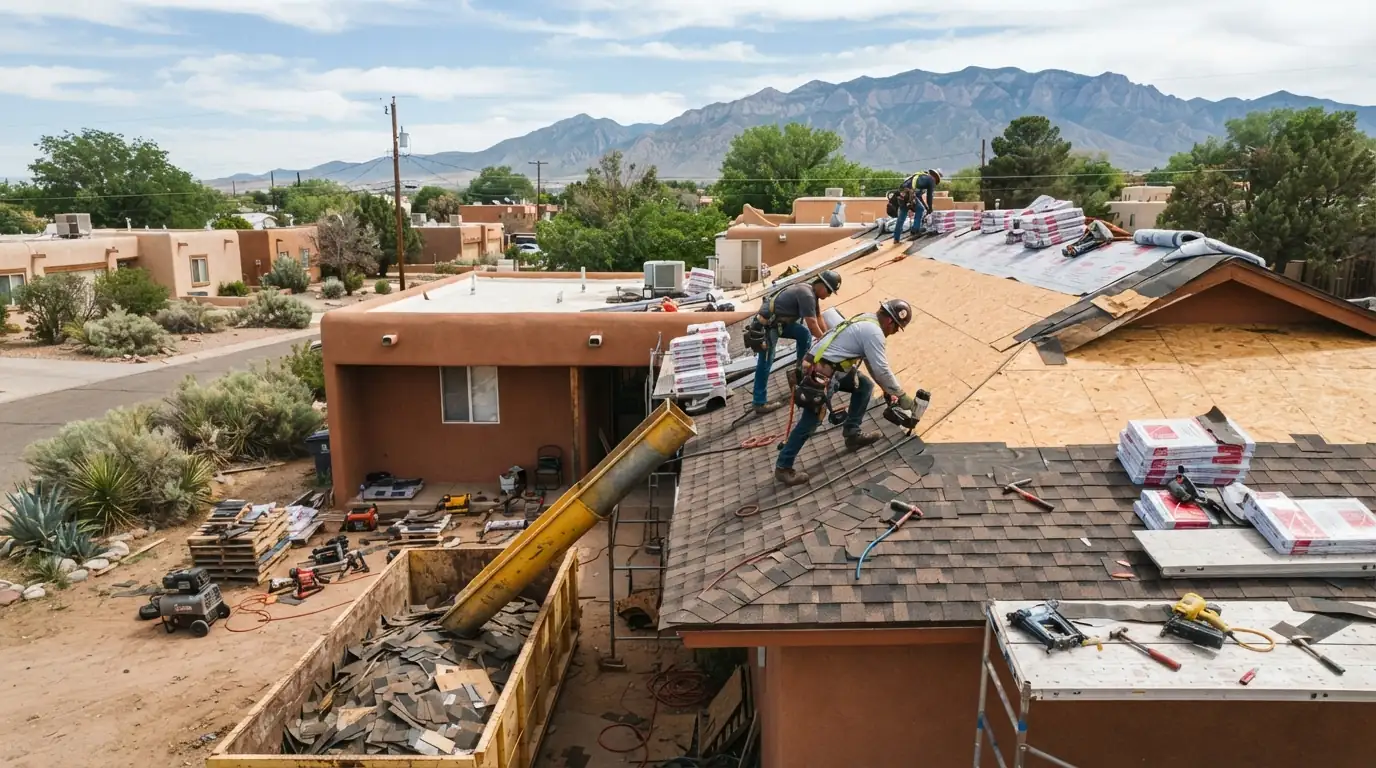 Roofing crew replacing an asphalt shingle roof in Albuquerque