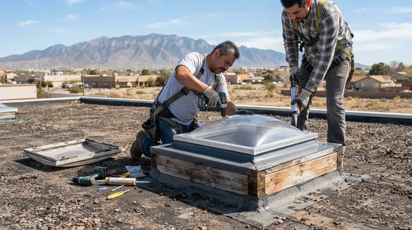 Curb-mounted skylight swap on a roof in Albuquerque, NM