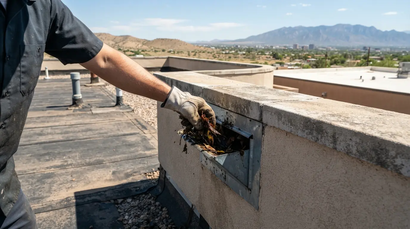 Roof drain and scupper clearing on a roof in Albuquerque, NM