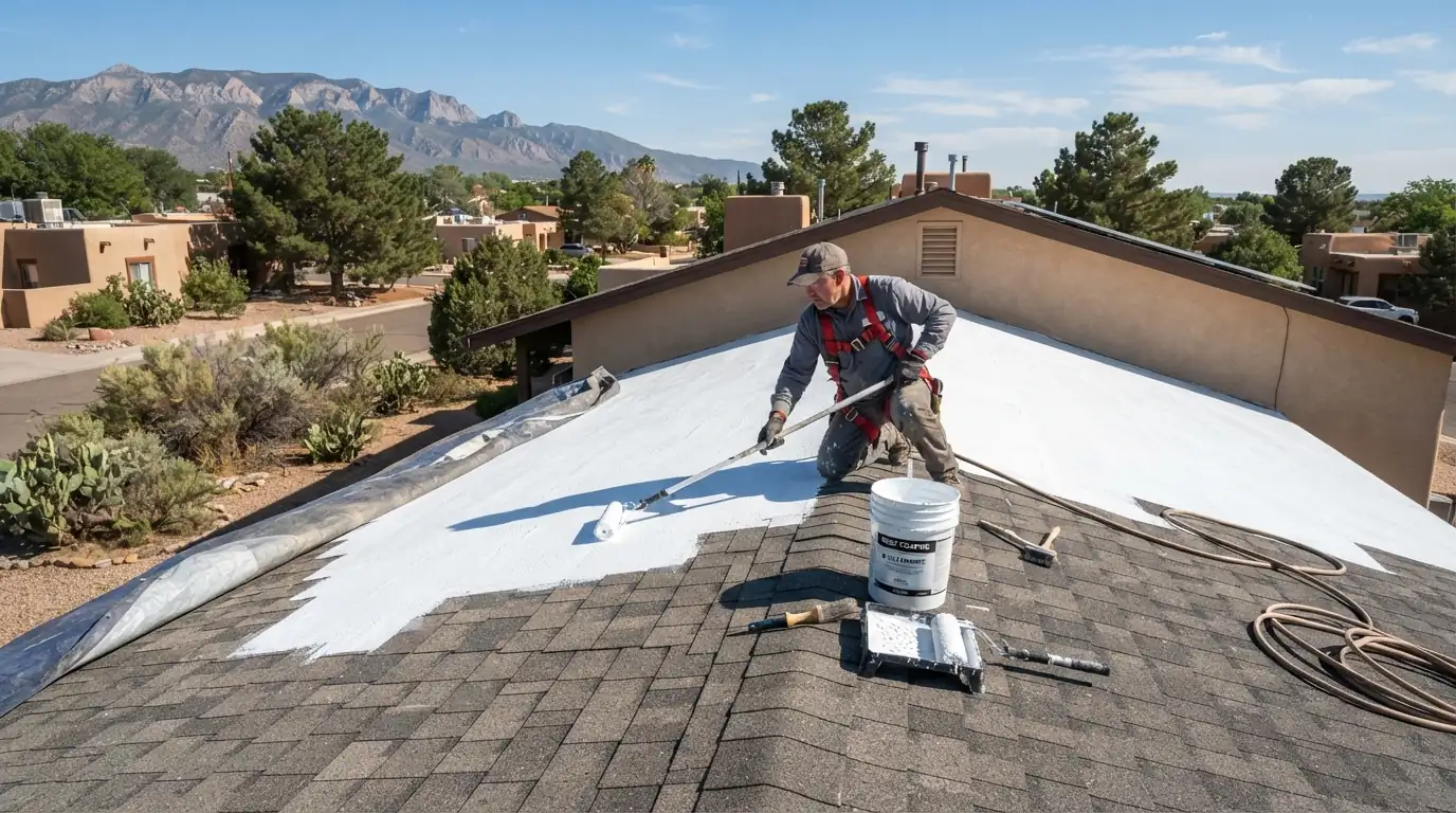 White silicone coating being rolled onto a flat roof in Albuquerque