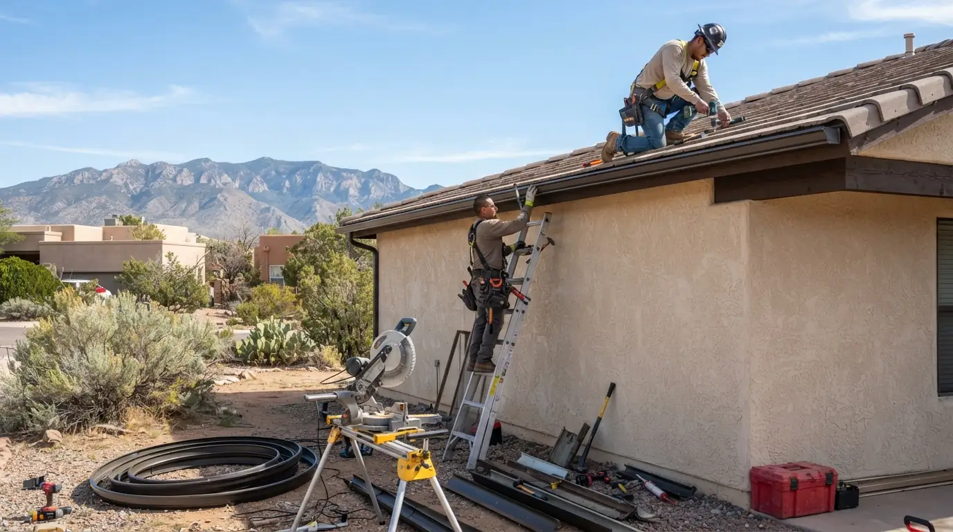 New aluminum gutter being installed on a pitched roof home in Albuquerque