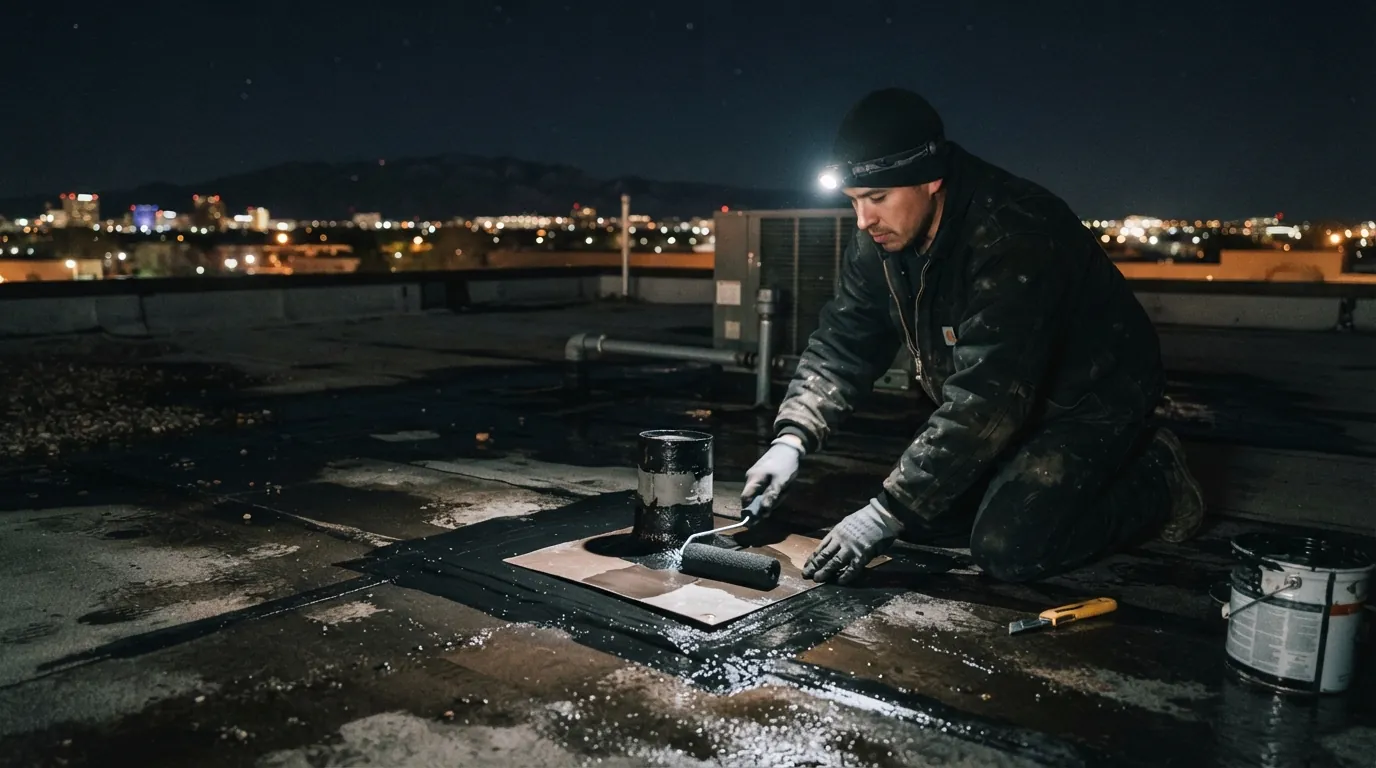 After-hours leak stop on a roof in Albuquerque, NM