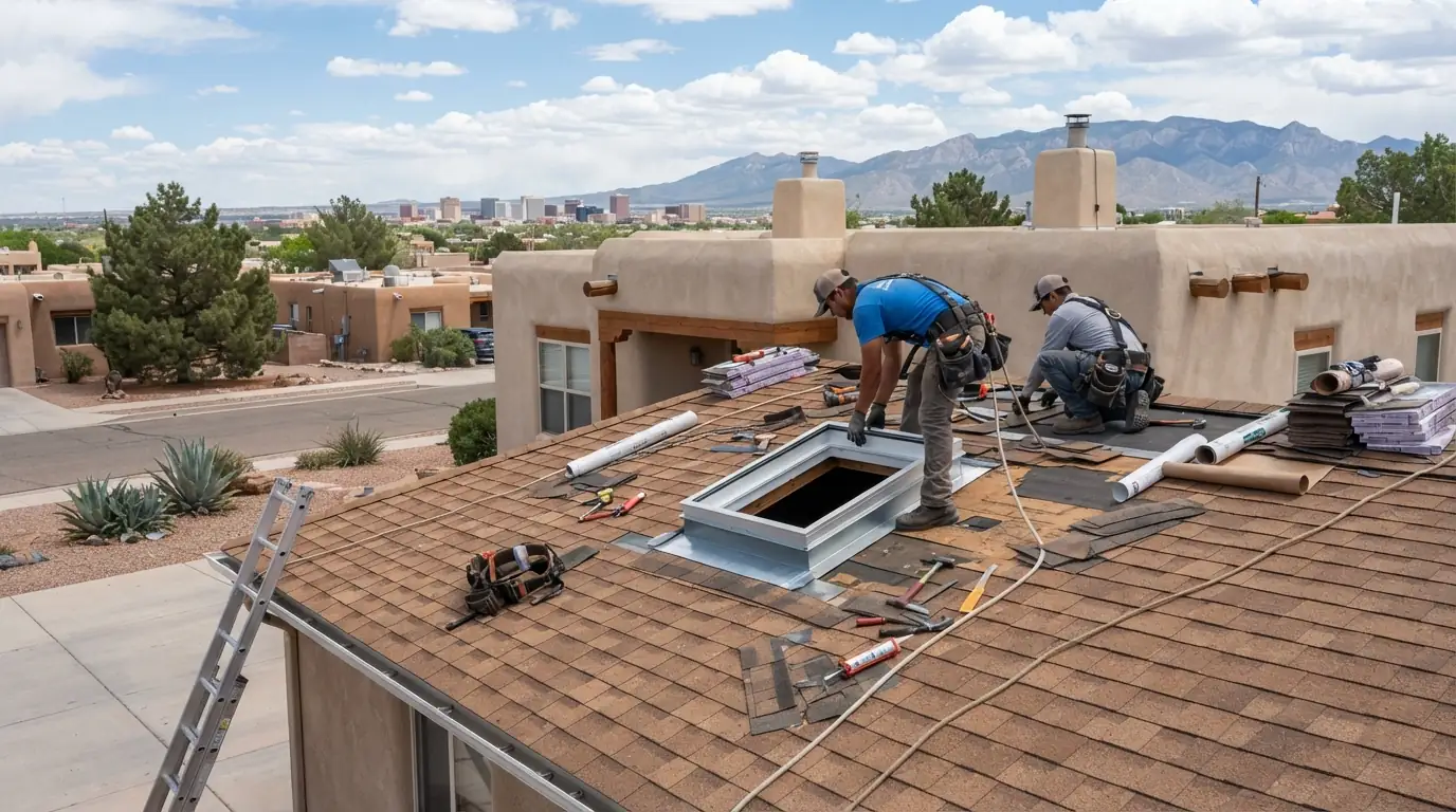 Roofer installing a new skylight on an Albuquerque roof