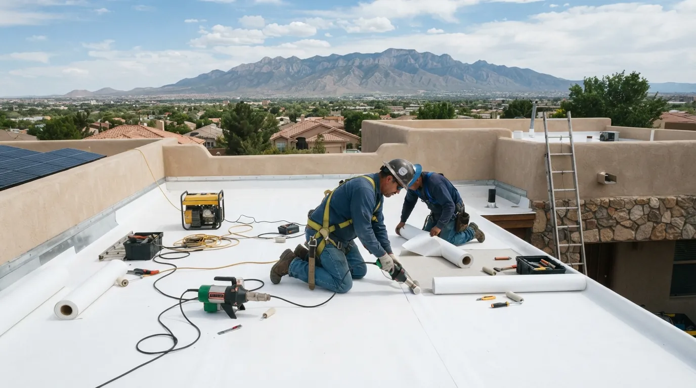 White TPO membrane being installed on a flat roof in Albuquerque
