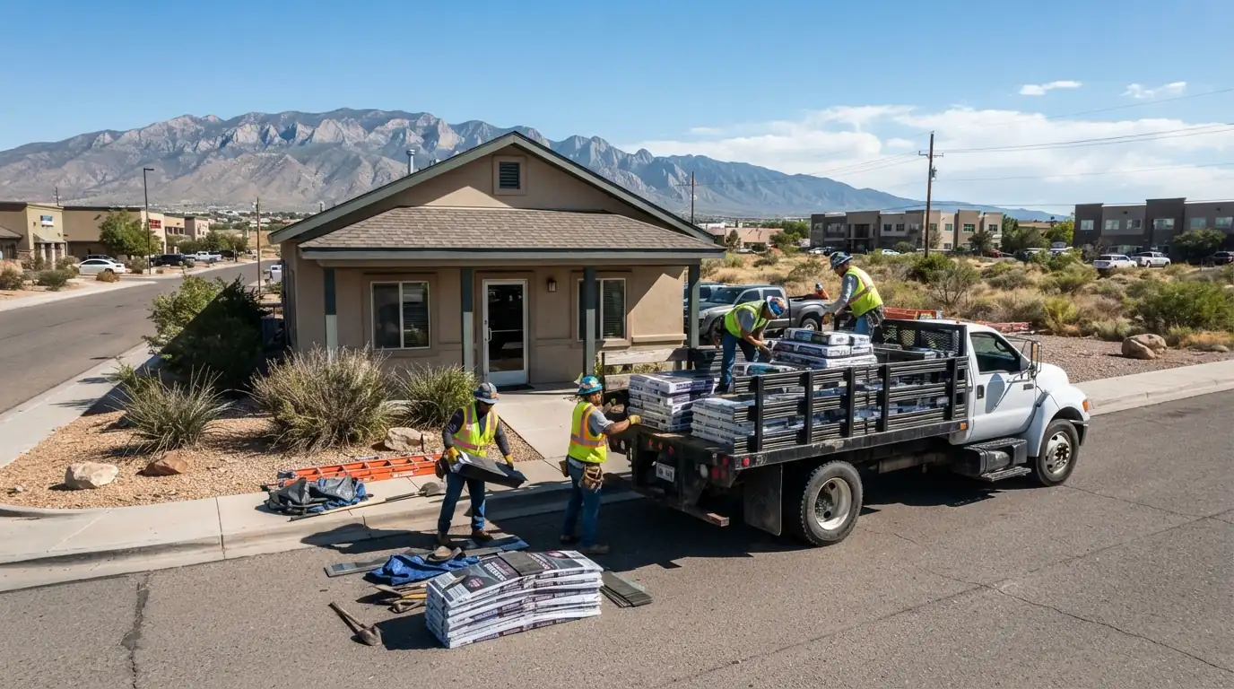 Loya Roofing crew loading a truck outside the Albuquerque service office