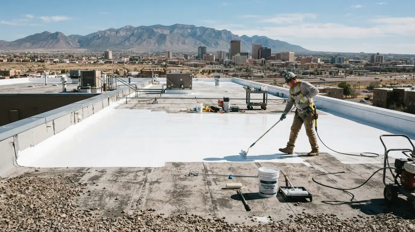 Crew spraying silicone coating on a commercial roof in Albuquerque