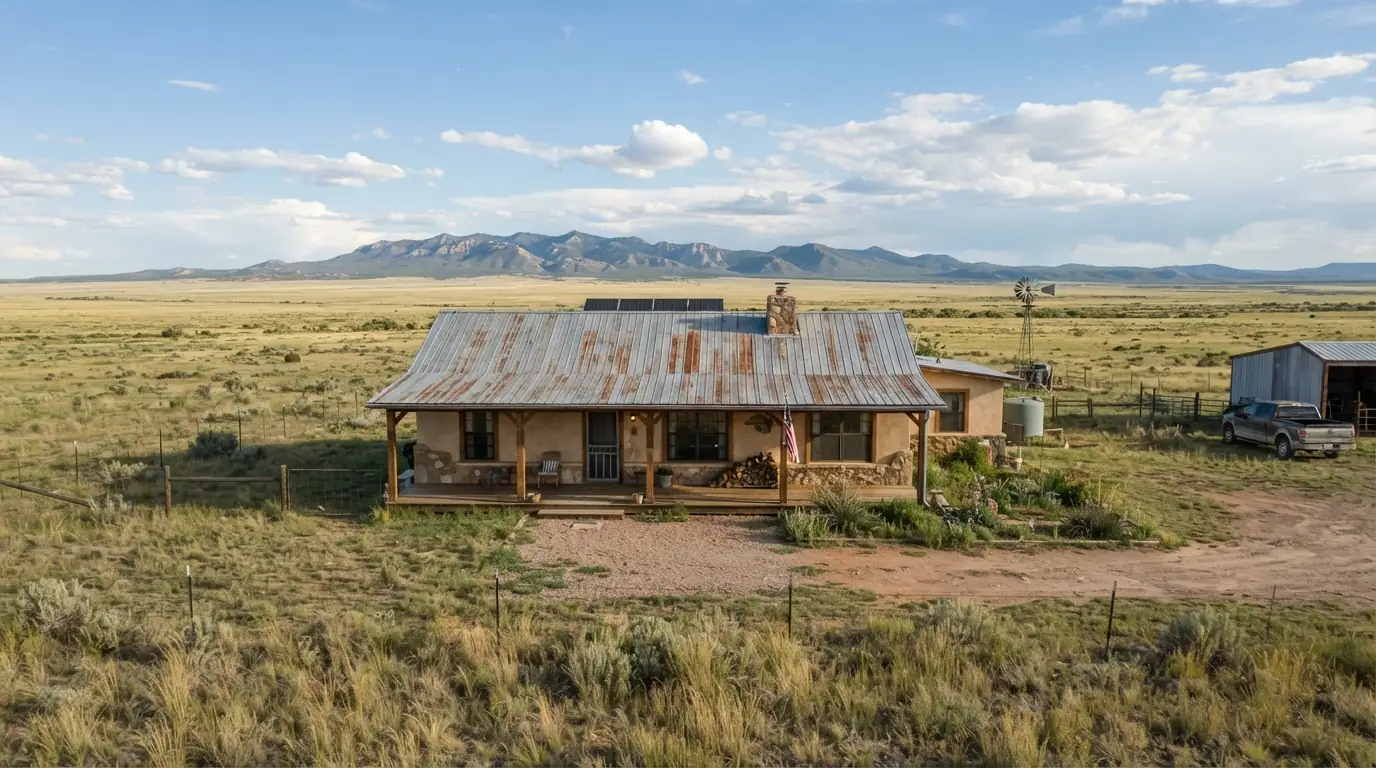 Ranch house with a metal roof in the Estancia Valley