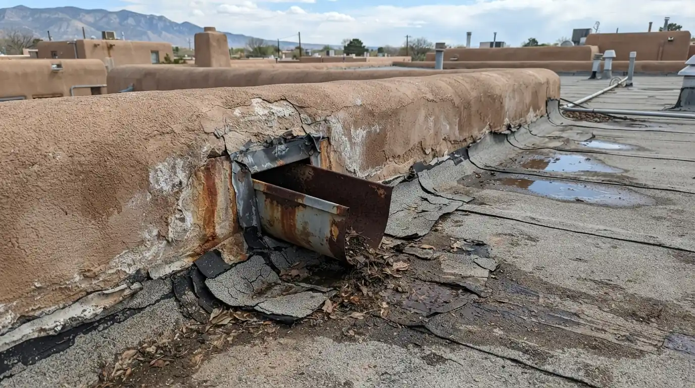 Rusted scupper box at a flat roof parapet