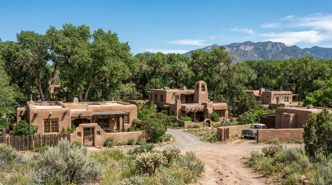 Flat roofed homes among cottonwoods in Corrales