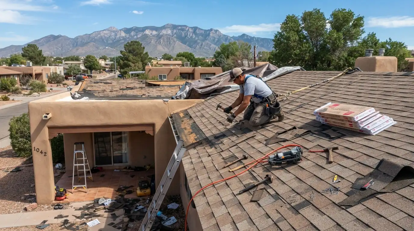 Roofer inspecting hail damage on shingles in Albuquerque