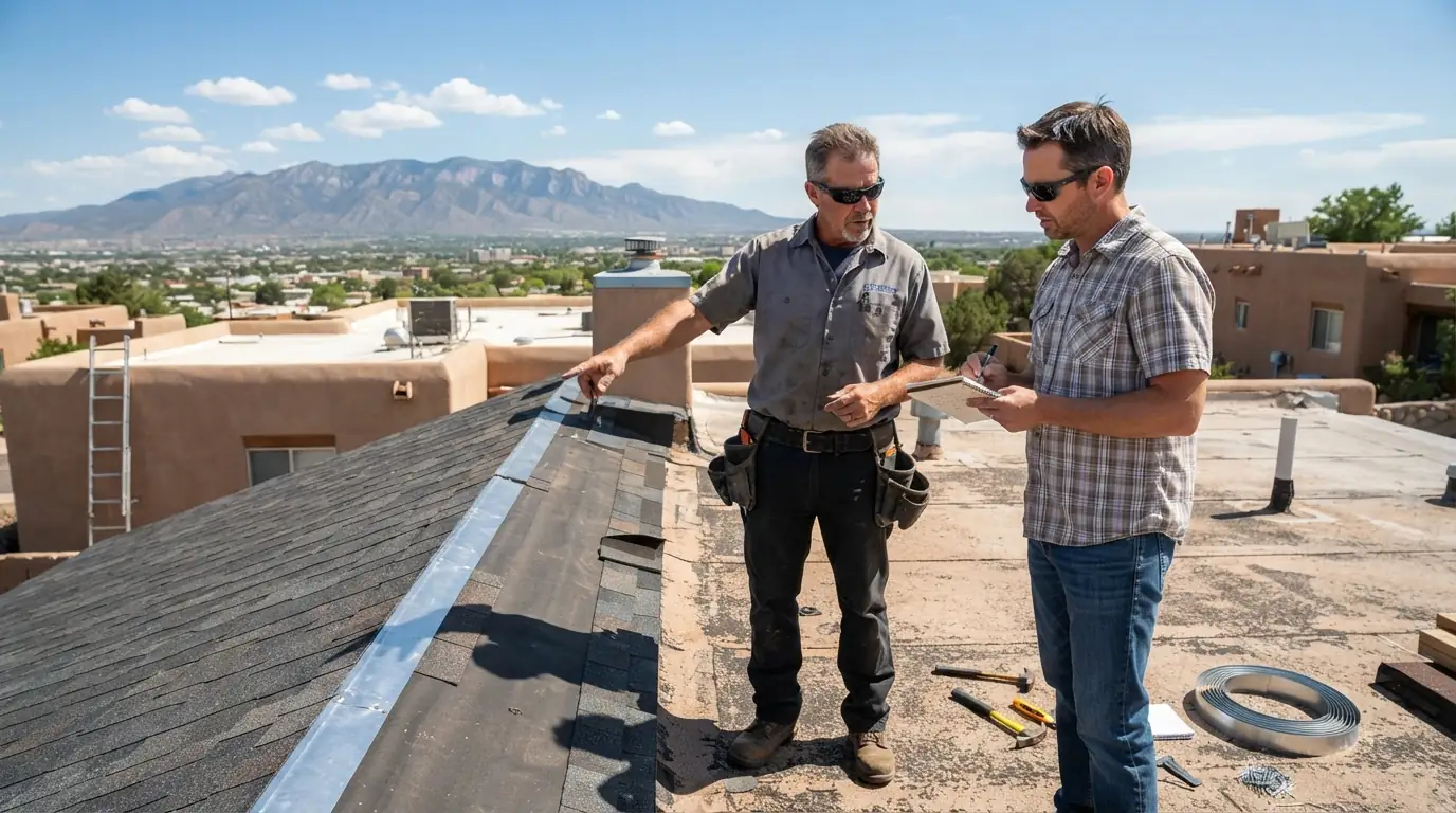 Written roofing scope with photos laid on a table