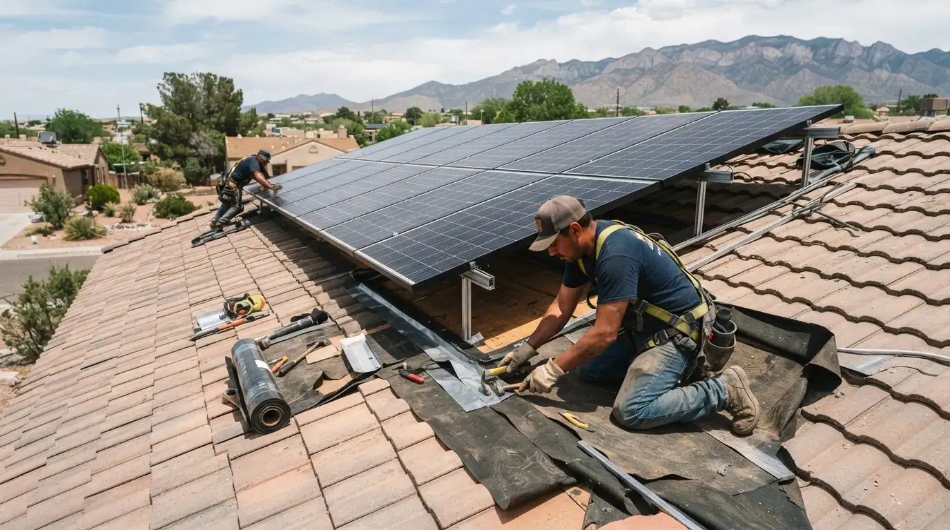 Solar panels stacked beside a roof during re-roofing