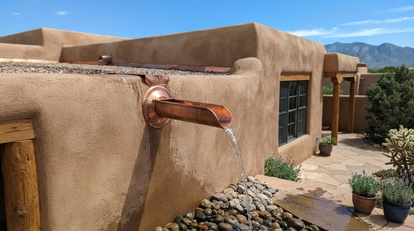 Copper canale on a Santa Fe style flat roof