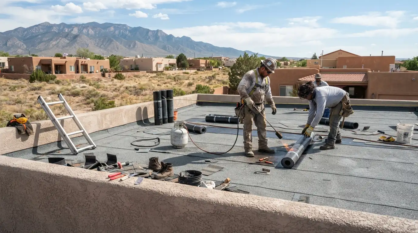 Roofer repairing a membrane seam on a commercial roof in Albuquerque