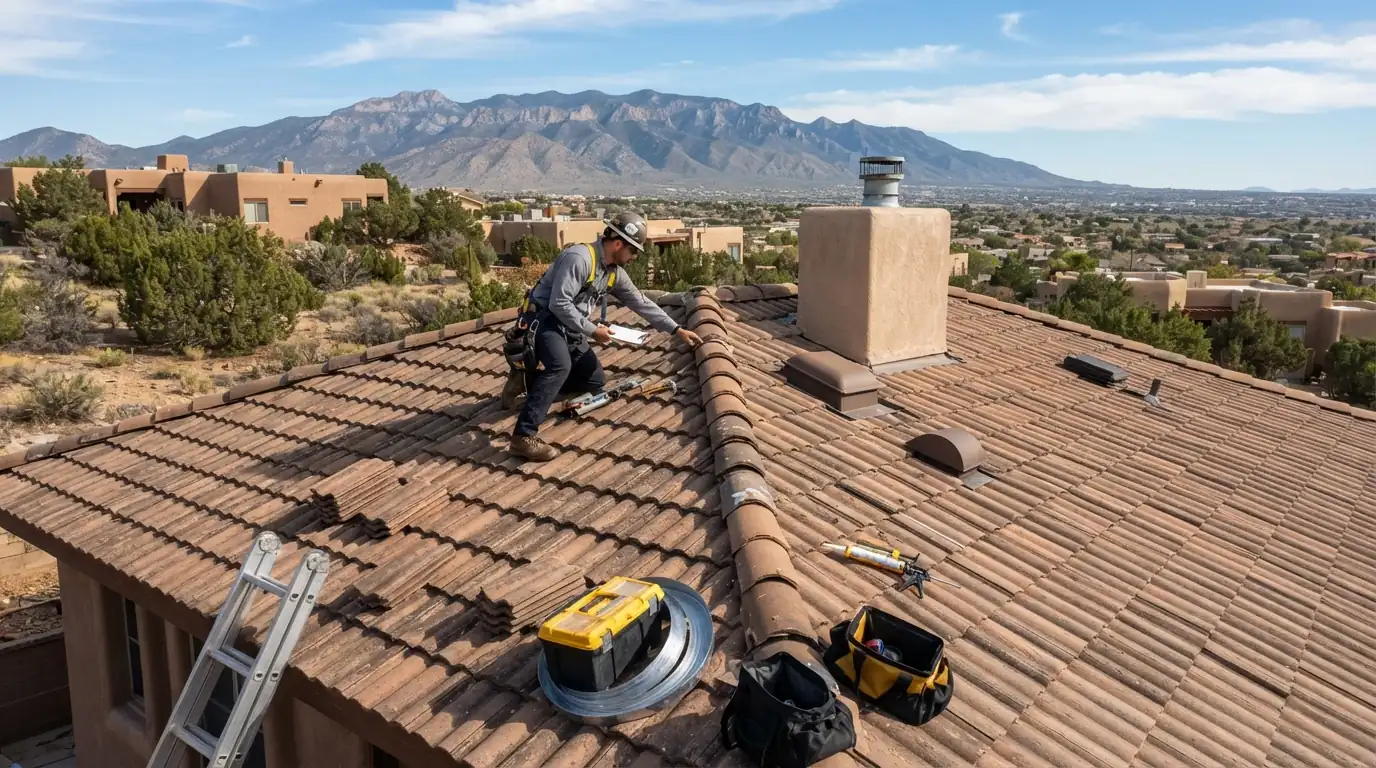 Roof inspector photographing flashing on an Albuquerque home