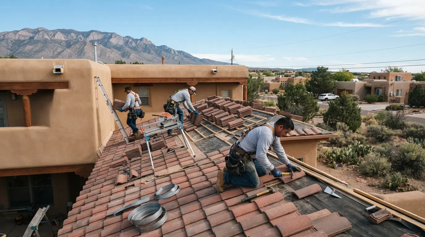 New clay tile roof being installed on a home in Albuquerque