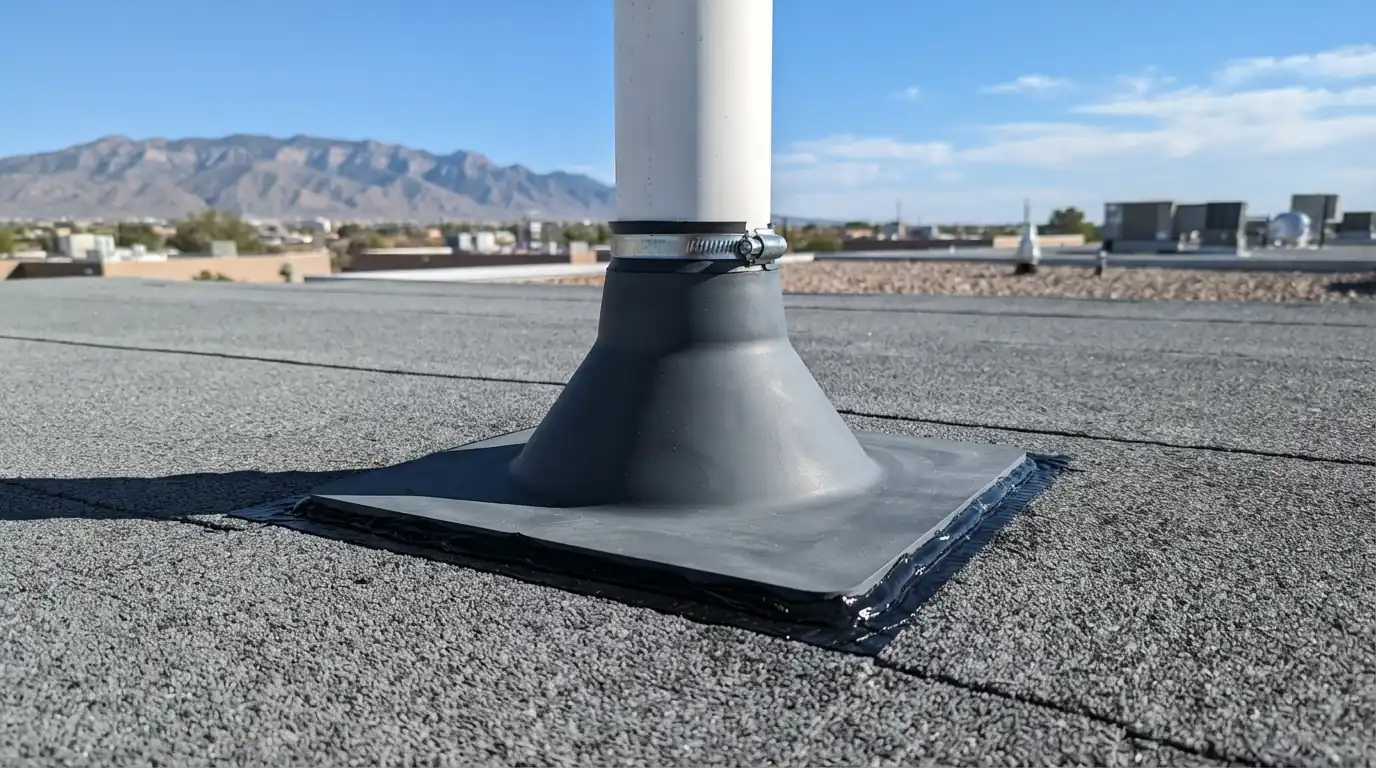 Pipe boot and vent flashing on a roof in Albuquerque, NM