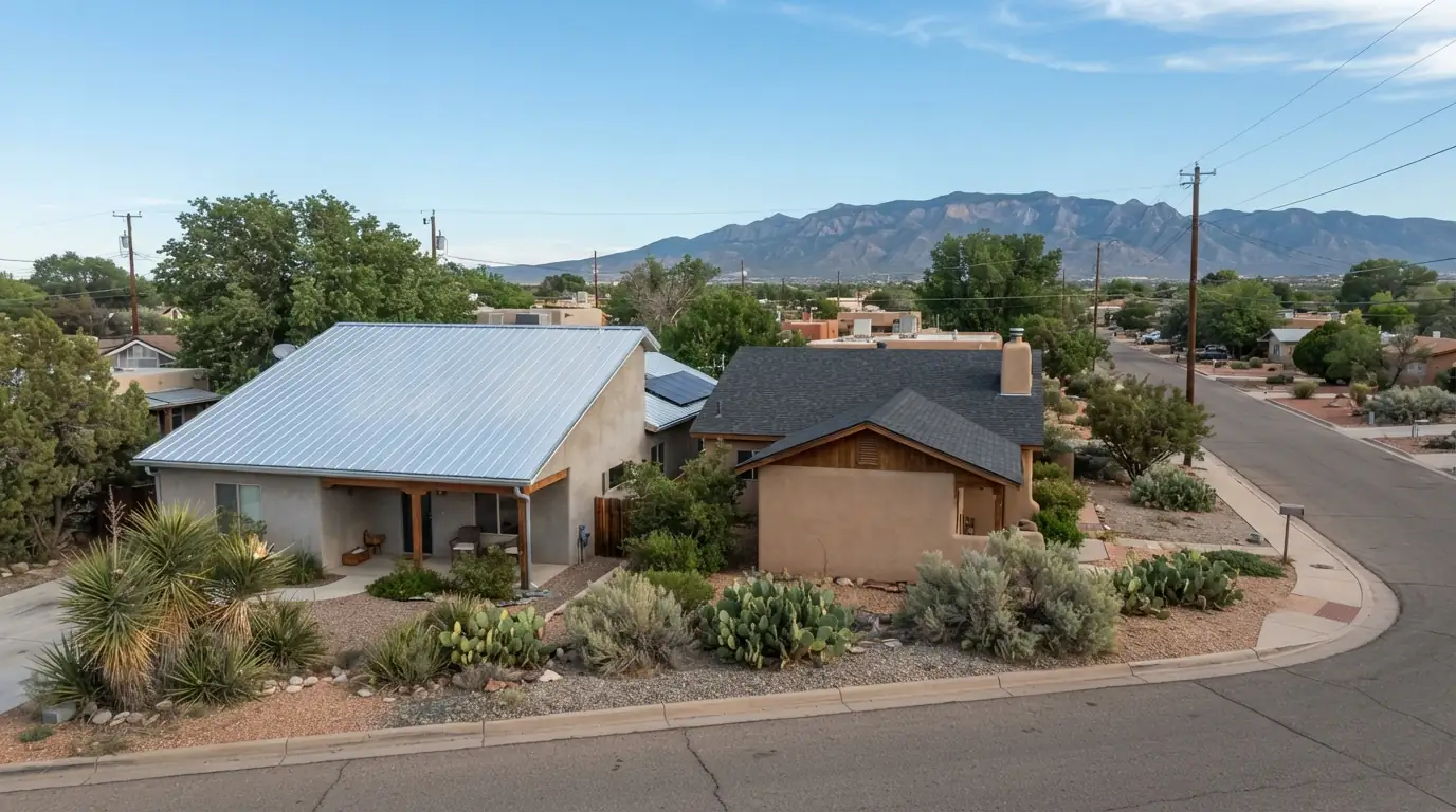 Standing seam metal roof next to an architectural shingle roof