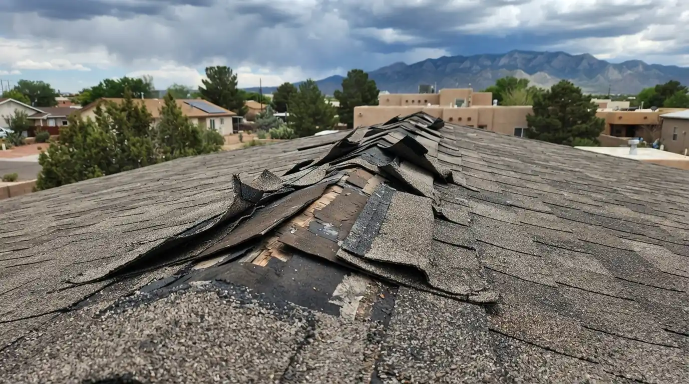 Wind-lifted shingles and ridge caps on a roof in Albuquerque, NM