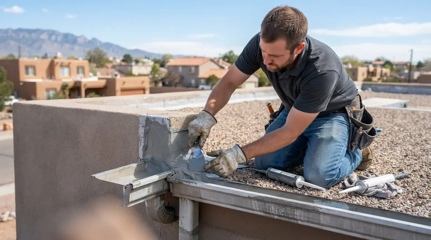 Gutter repair and reseal on a roof in Albuquerque, NM