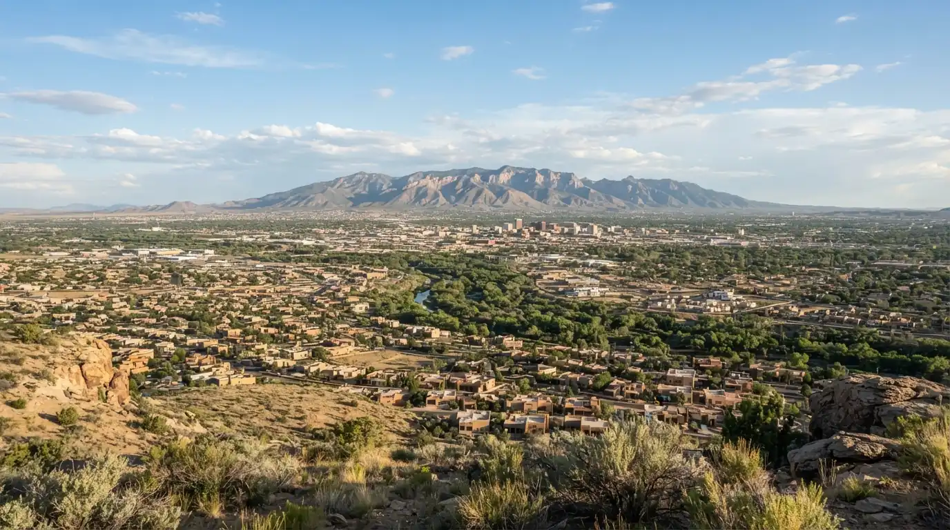 Panoramic view of Albuquerque rooftops and the Rio Grande valley