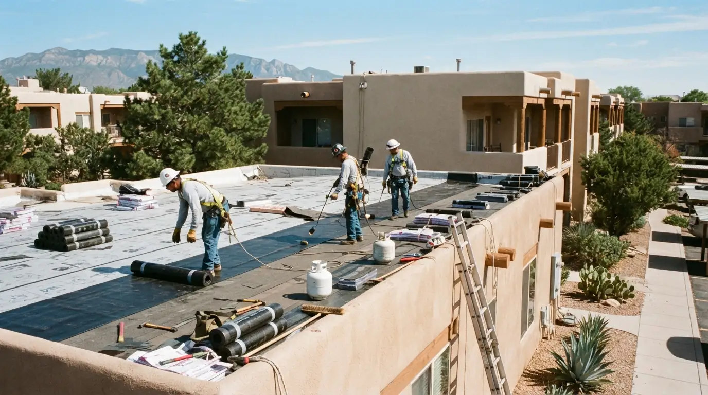 Roofers working on an apartment building flat roof in Albuquerque