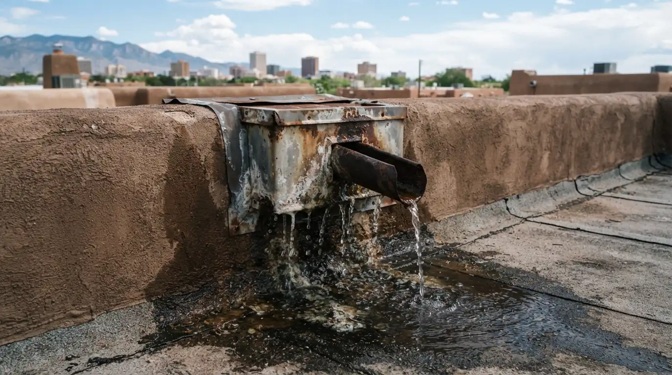 Scupper box leaks on a roof in Albuquerque, NM