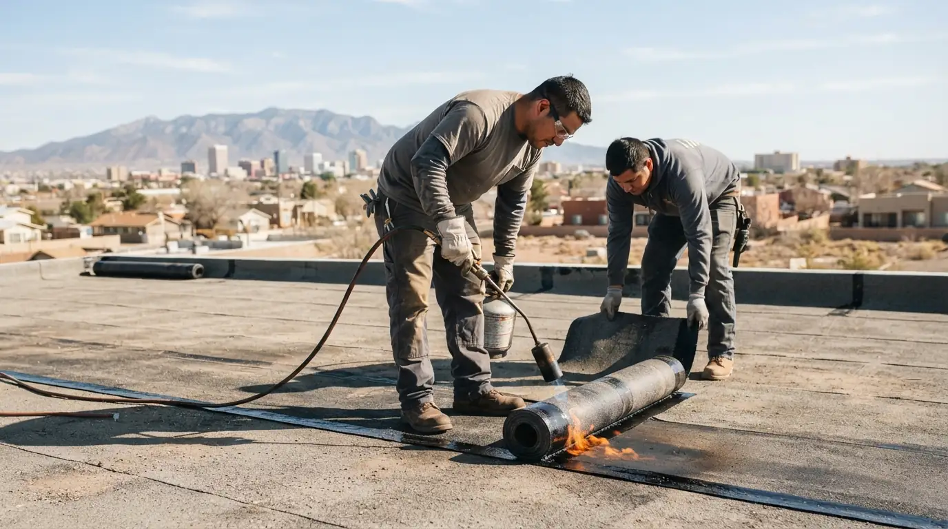 Torch-down installation on a roof in Albuquerque, NM