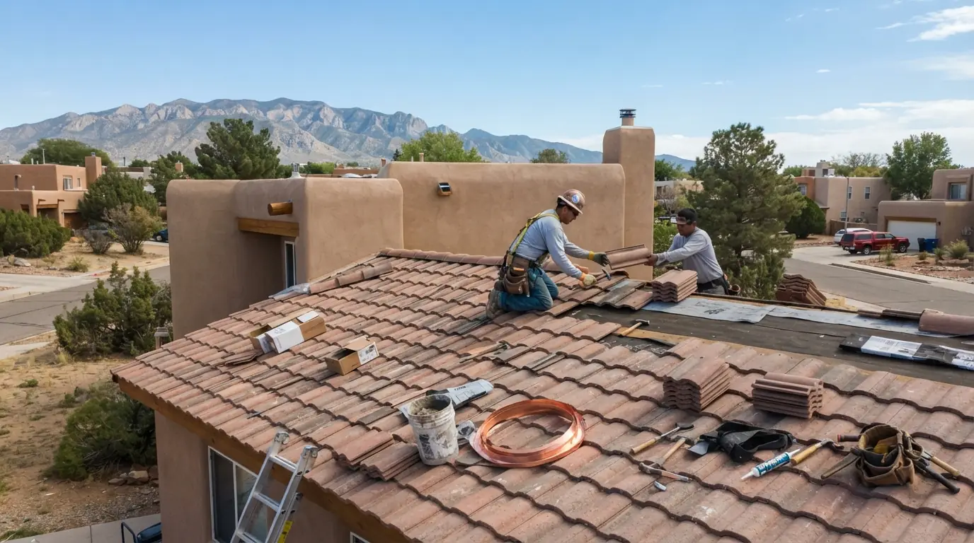 Roofer lifting cracked clay tiles on an Albuquerque roof