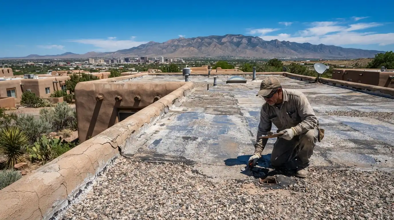 Chalky, weathered coating on an older Albuquerque flat roof