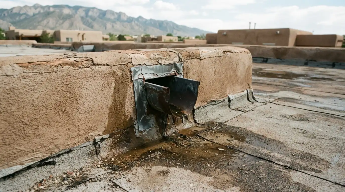 Water pouring from a canale on a Pueblo-style home in a storm