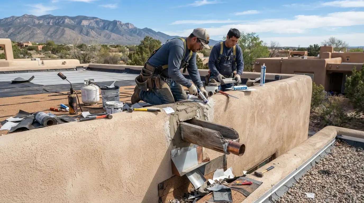 Canale draining a flat roof on an Albuquerque stucco home