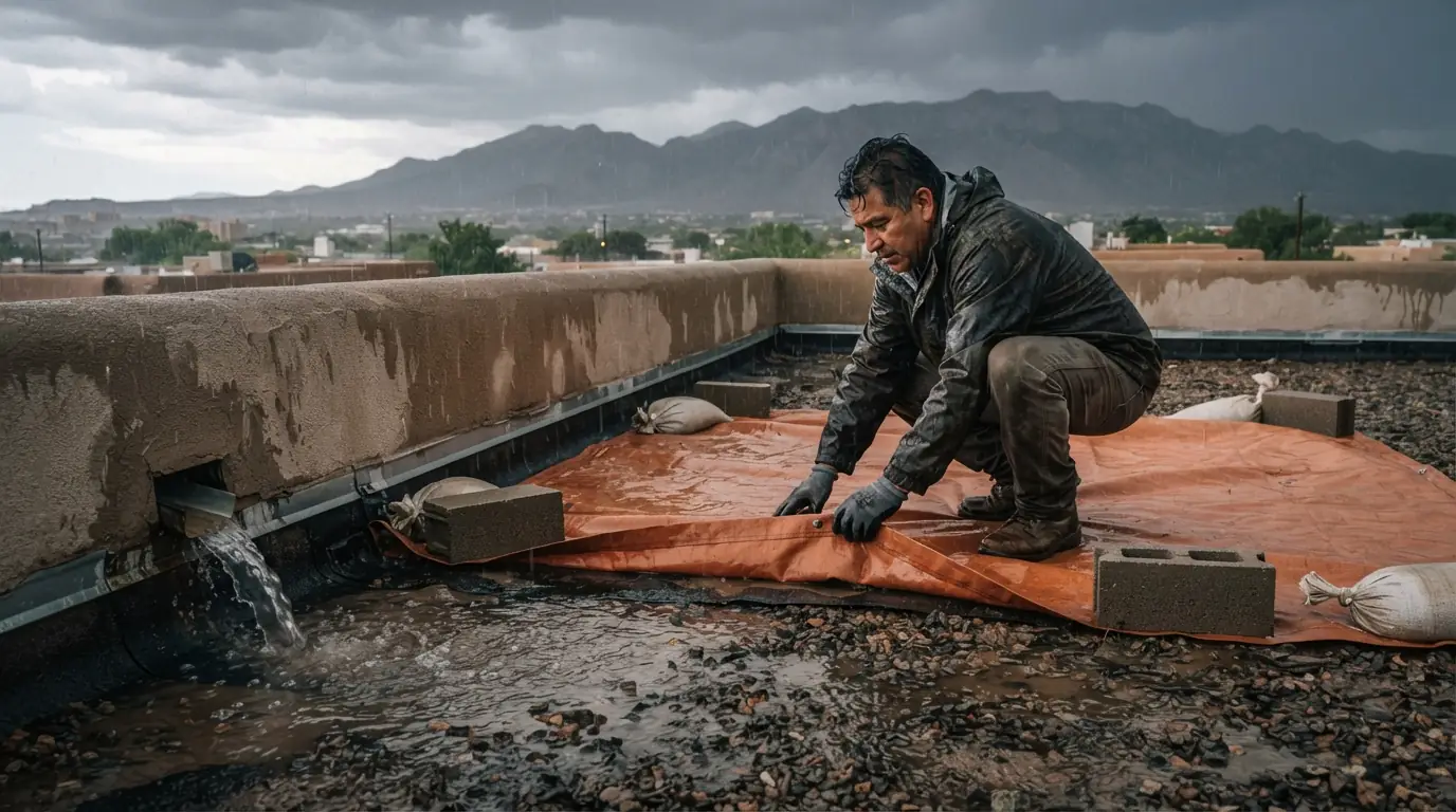 Tarp secured over a damaged section of an Albuquerque roof