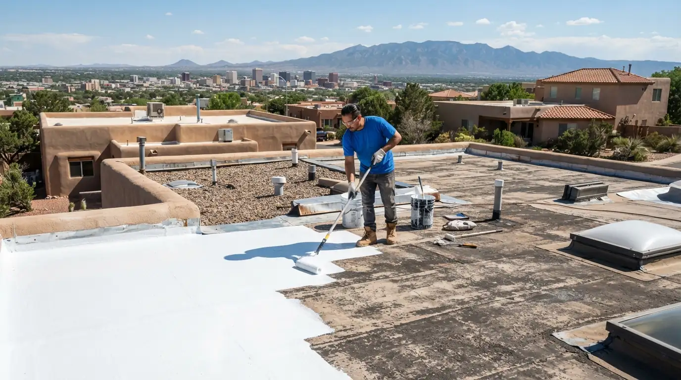 Roofer rolling silicone coating onto a flat roof in Albuquerque