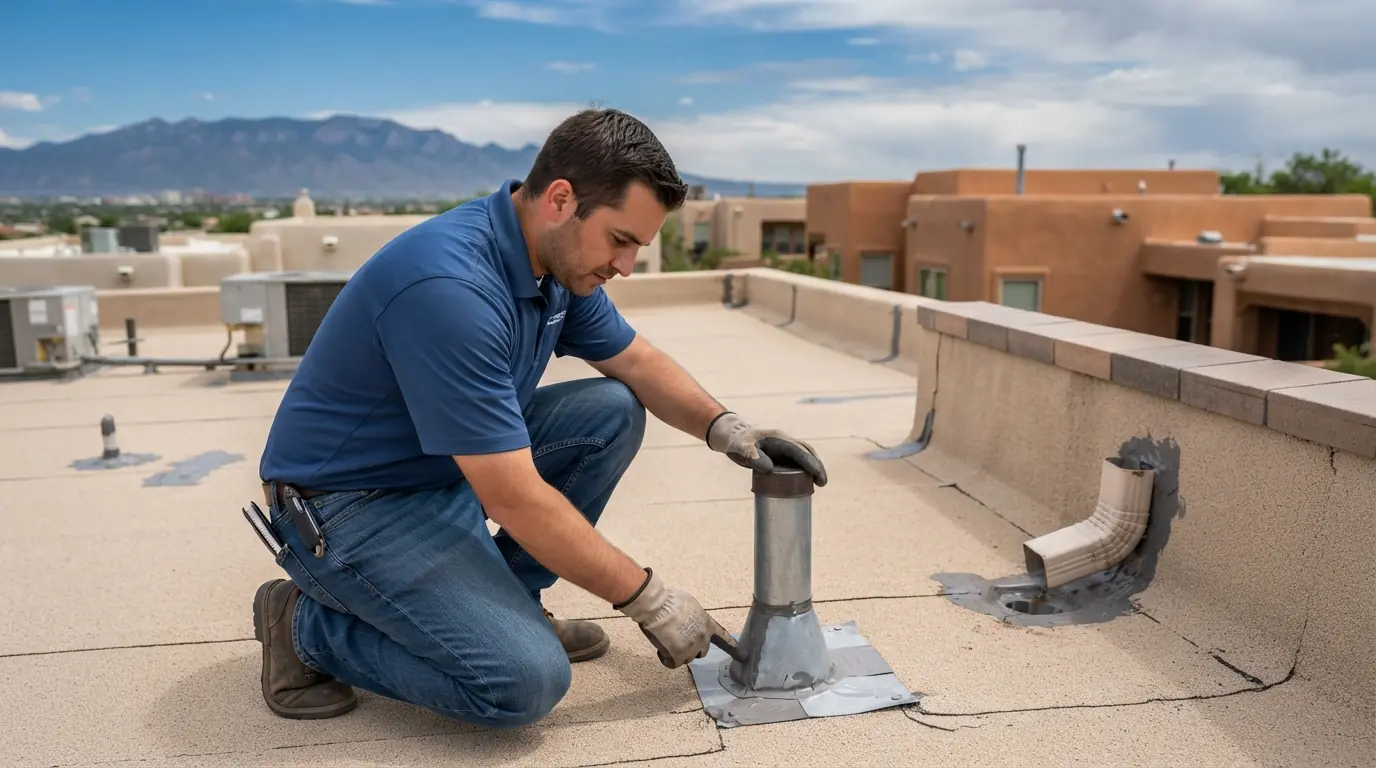 Cracked sealant around a pipe boot on an Albuquerque roof