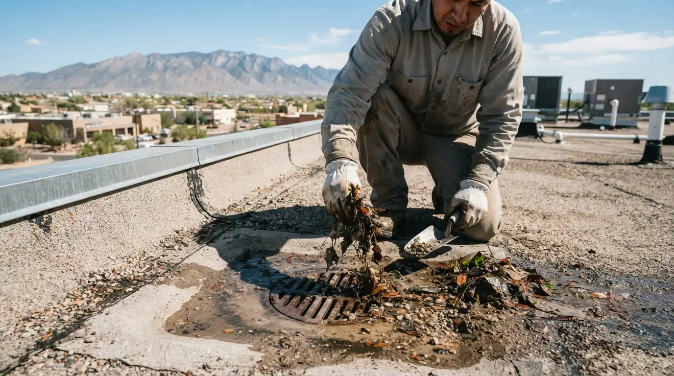 Drain and debris service on a roof in Albuquerque, NM