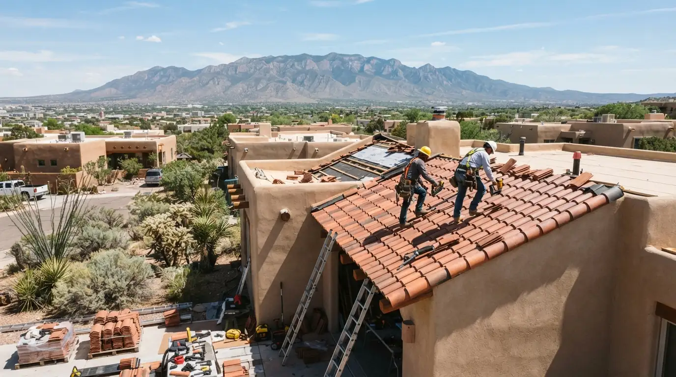 Roofing crew working on a permitted re-roof in Albuquerque