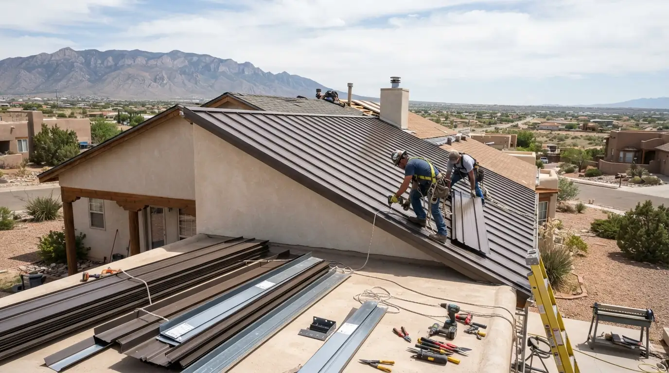 Standing seam metal roof being installed on a home in Albuquerque