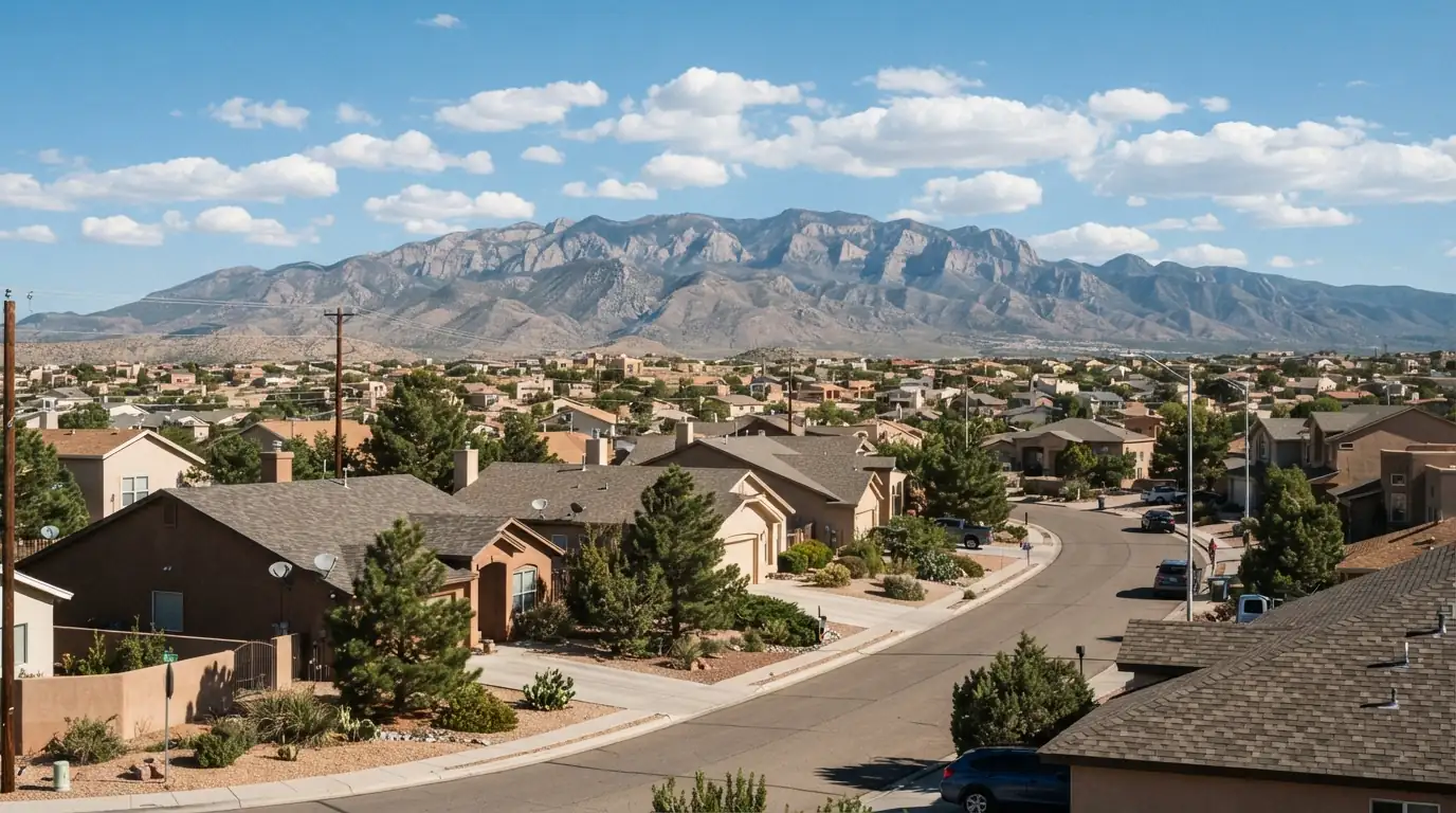 Pitched roofs on homes in Rio Rancho with the Sandia Mountains beyond