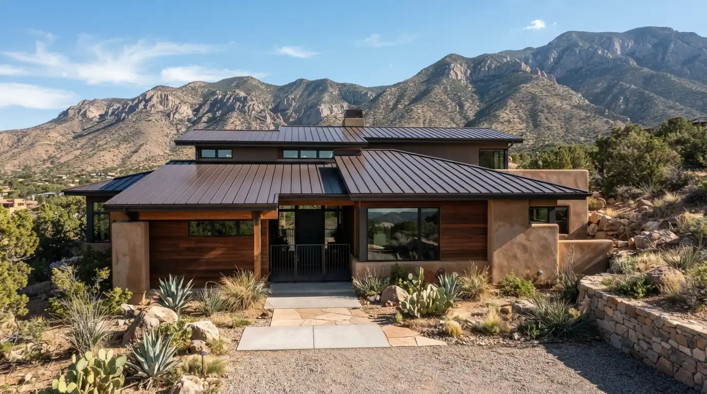 Dark bronze standing seam metal roof in the foothills