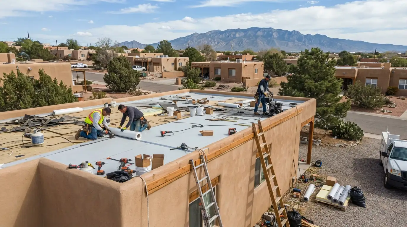Crew tearing off an old tar and gravel flat roof in Albuquerque
