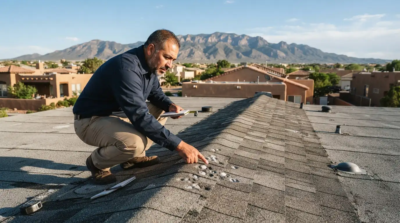 Hail marks on asphalt shingles on an Albuquerque roof