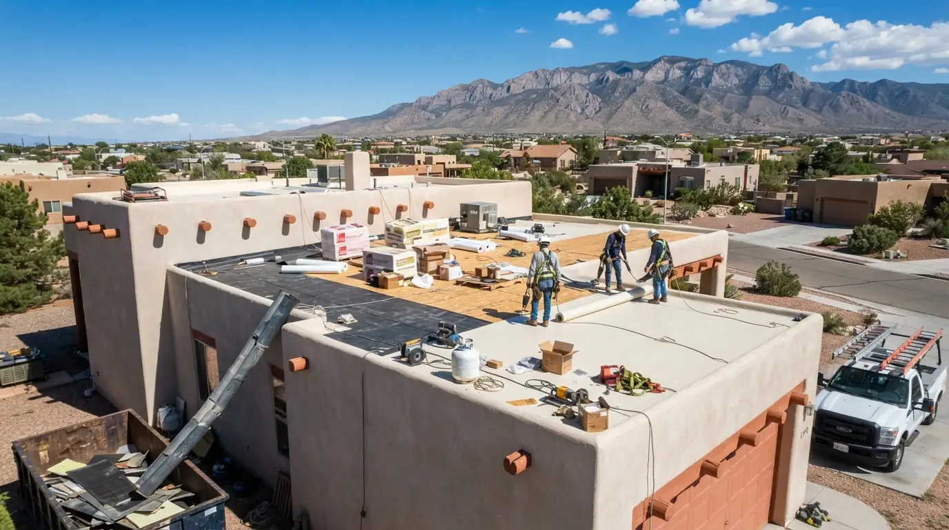 Crew installing a new white membrane on a commercial roof in Albuquerque