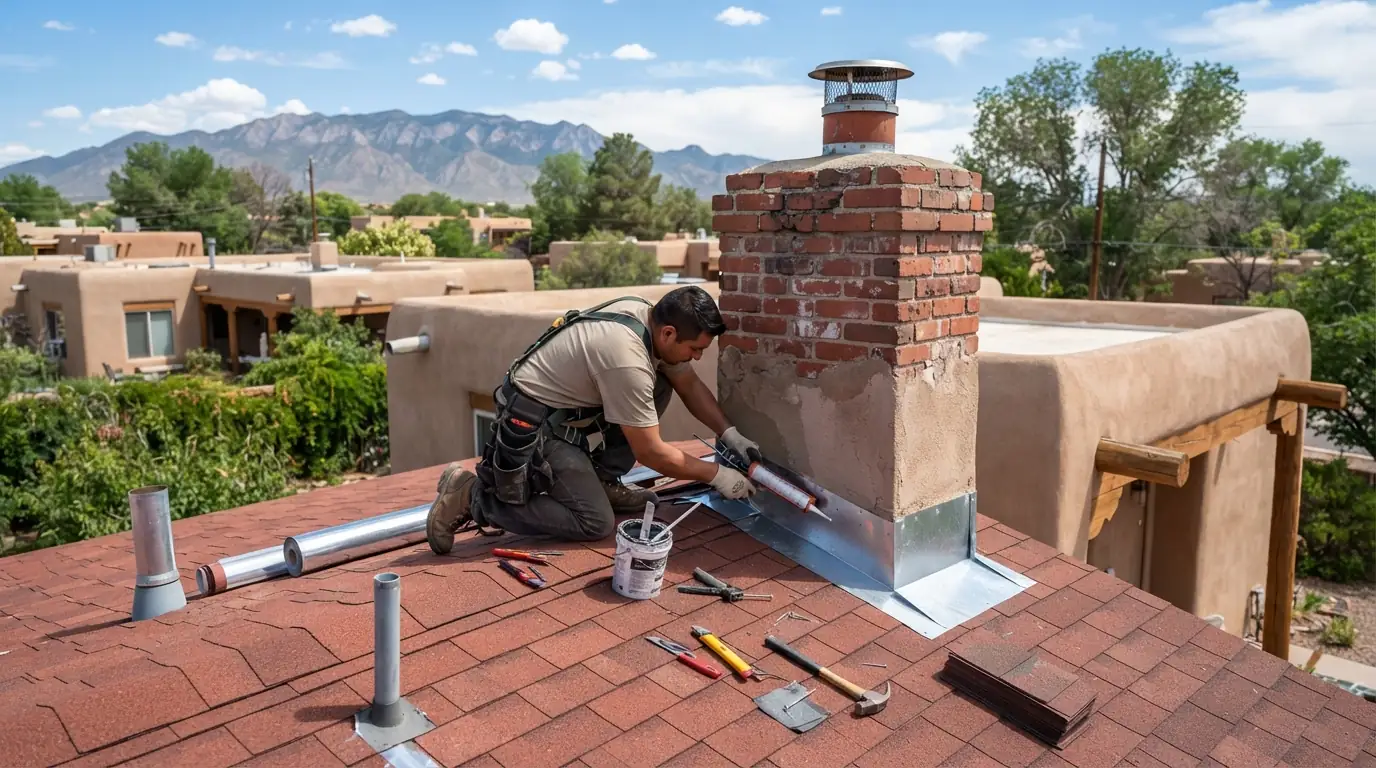Roofer installing new counterflashing on a chimney in Albuquerque